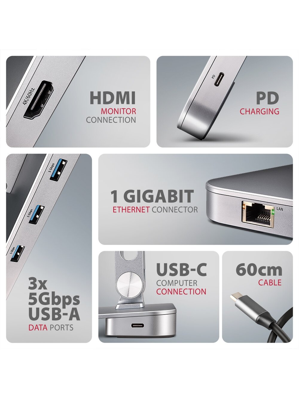 AXAGON Desk Mount | HMC-STND USB-C 5Gbps Stand and Hub 7in1 | Adjustable Height, Tilt | 10-16 " | Aluminum 2