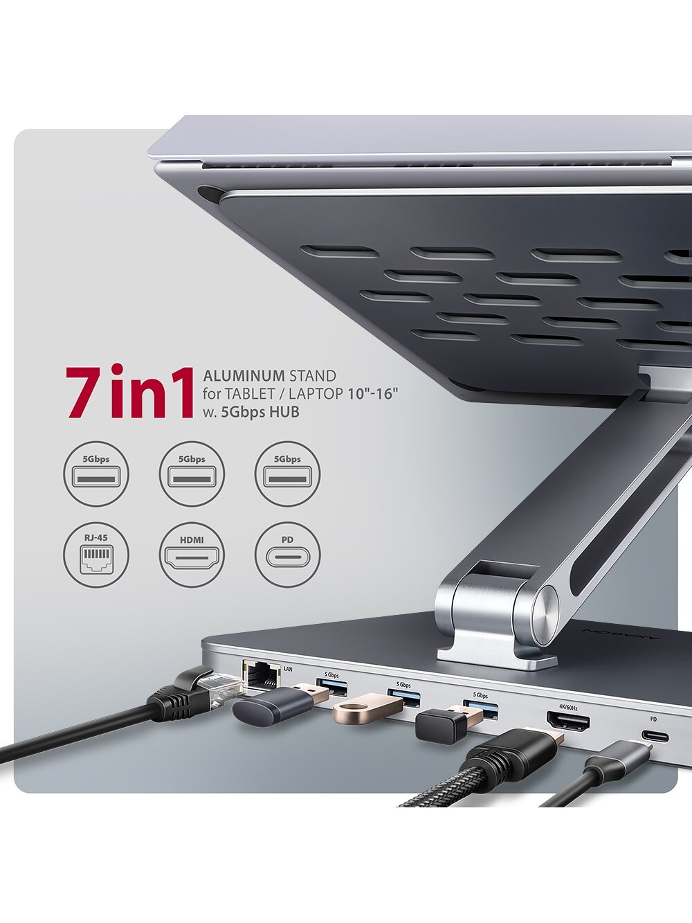 AXAGON Desk Mount | HMC-STND USB-C 5Gbps Stand and Hub 7in1 | Adjustable Height, Tilt | 10-16 " | Aluminum 5