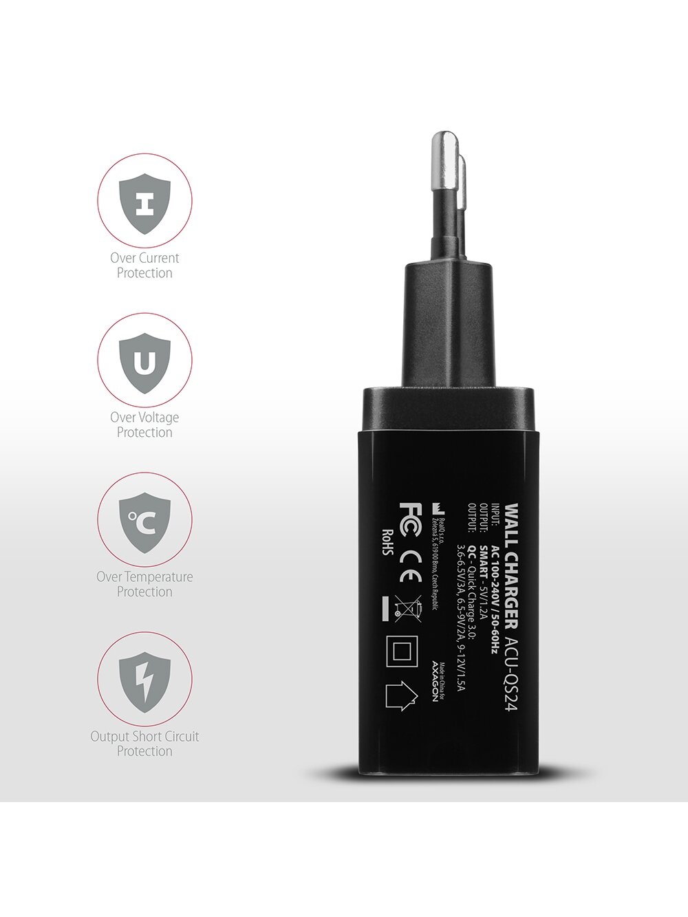 AXAGON Dual wallcharger 240V/2x USB port QC3.0/AFC/FCP and 5V-1.2A, 24W | ACU-QS24 4 AXAGON Dual wallcharger 240V/2x USB port QC3.0/AFC/FCP and 5V-1.2A, 24W | ACU-QS24 4