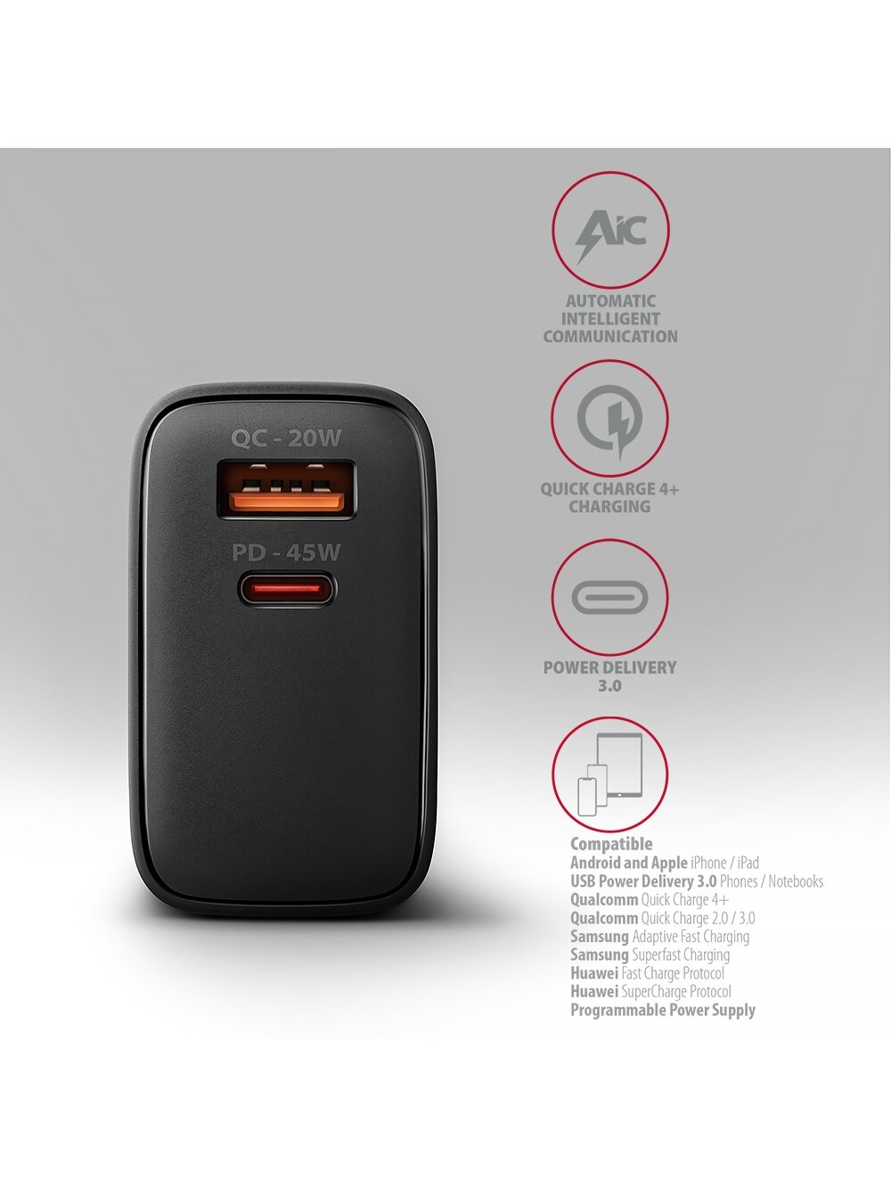 AXAGON GaN wallcharger 2x port (USB-A + USB-C), PD3.0/PPS/QC4+/SFC2.0/AFC/SCP/FCP/Apple, 45W | ACU-PQ45 3 AXAGON GaN wallcharger 2x port (USB-A + USB-C), PD3.0/PPS/QC4+/SFC2.0/AFC/SCP/FCP/Apple, 45W | ACU-PQ45 3