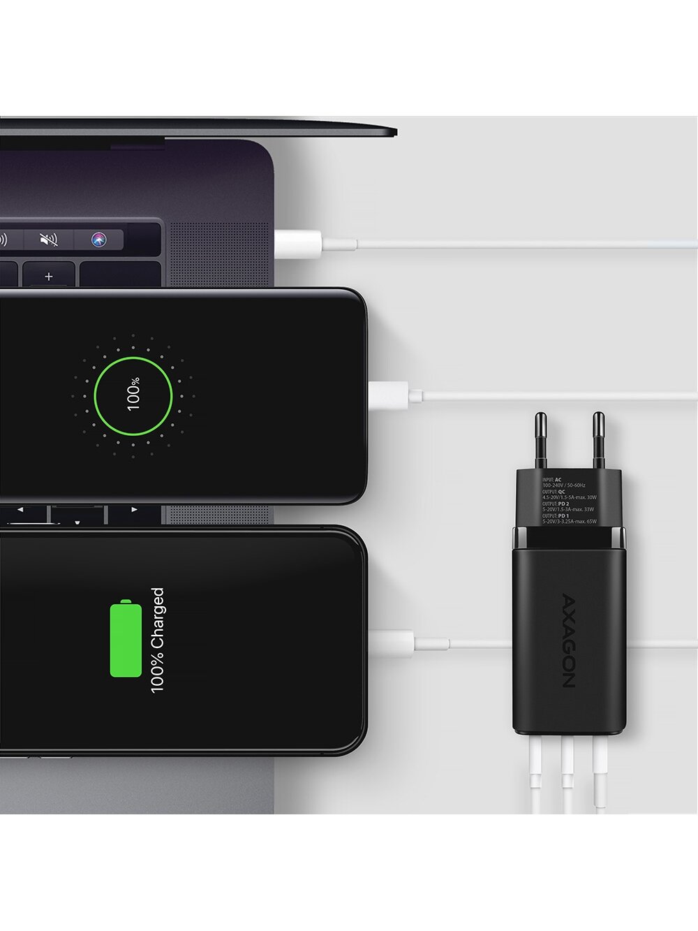 AXAGON GaN wallcharger 3x port (USB-A + 2x USB-C), 65W | ACU-DPQ65 5 AXAGON GaN wallcharger 3x port (USB-A + 2x USB-C), 65W | ACU-DPQ65 5