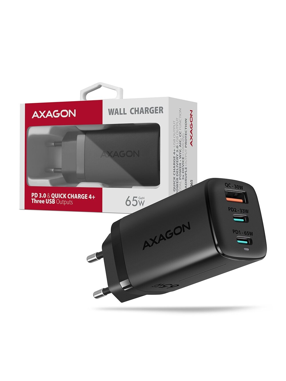 AXAGON GaN wallcharger 3x port (USB-A + 2x USB-C), 65W | ACU-DPQ65 9 AXAGON GaN wallcharger 3x port (USB-A + 2x USB-C), 65W | ACU-DPQ65 9