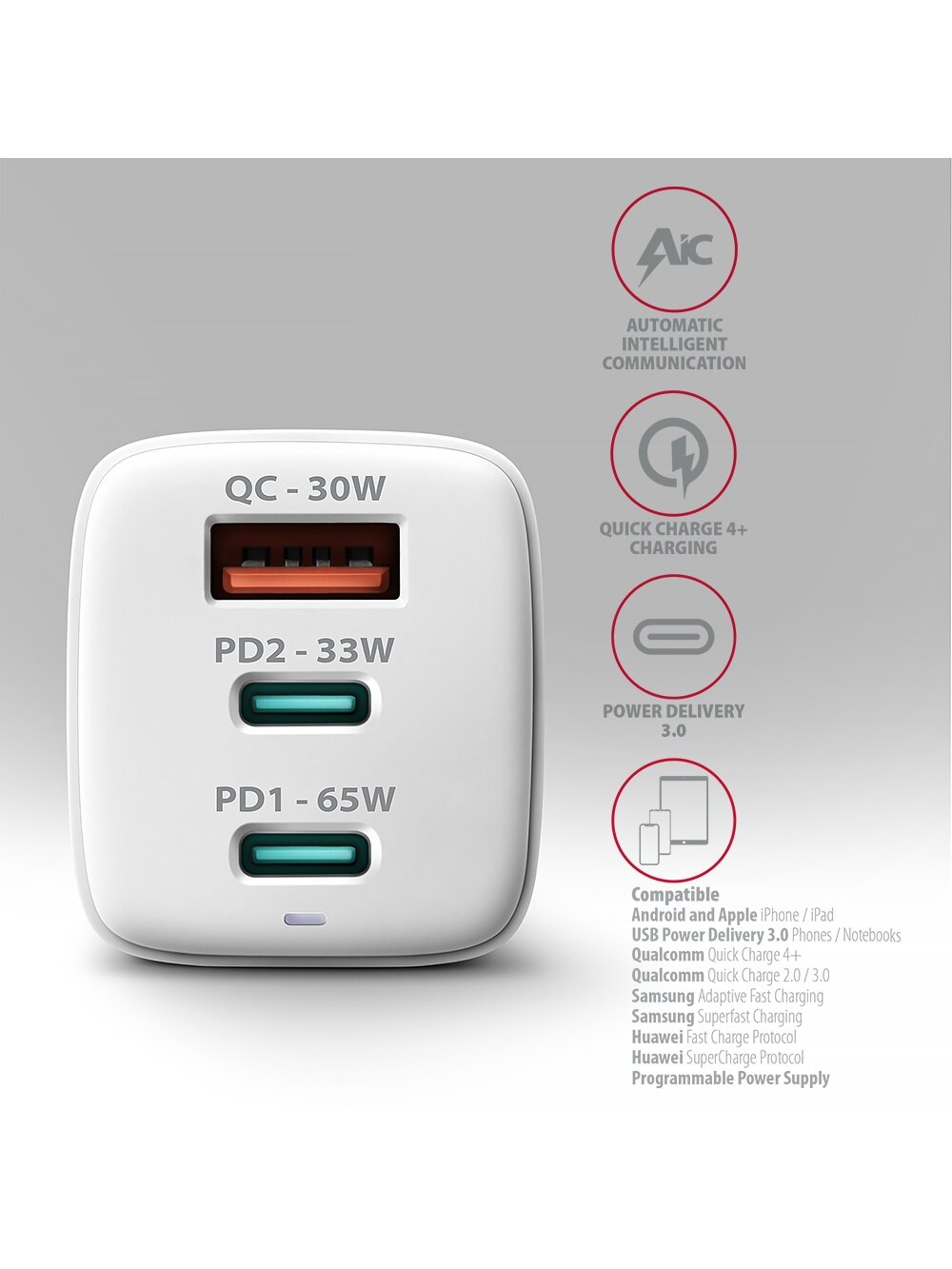 AXAGON GaN wallcharger 3x port (USB-A + 2x USB-C), PD3.0/PPS/QC4+/SFC2.0/AFC/SCP/FCP/Apple, 65W | ACU-DPQ65W 4 AXAGON GaN wallcharger 3x port (USB-A + 2x USB-C), PD3.0/PPS/QC4+/SFC2.0/AFC/SCP/FCP/Apple, 65W | ACU-DPQ65W 4