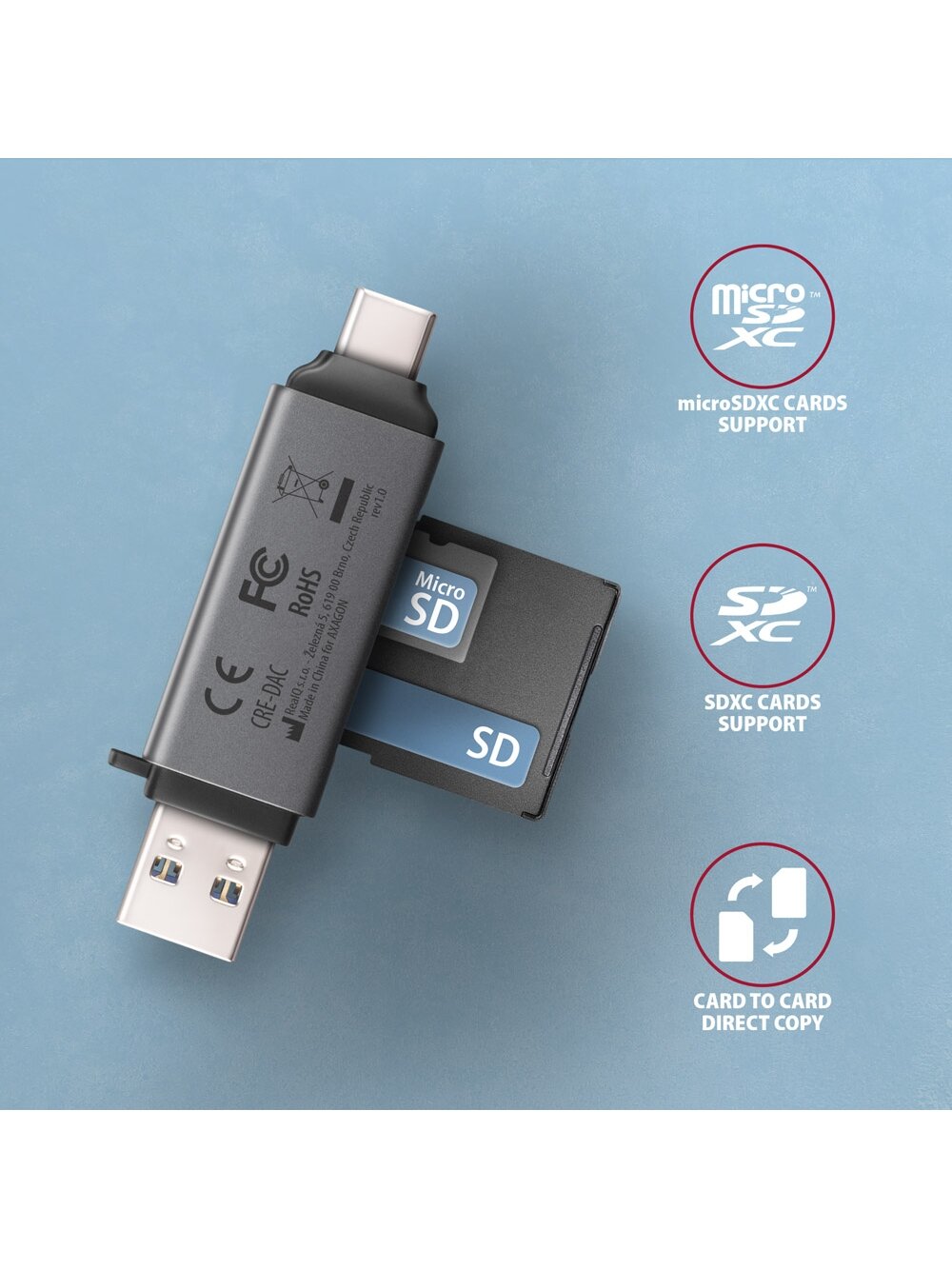 AXAGON Mobile USB 3.2 Gen 1 MINI card reader with USB-C and USB-A connectors | CRE-DAC 2 AXAGON Mobile USB 3.2 Gen 1 MINI card reader with USB-C and USB-A connectors | CRE-DAC 2