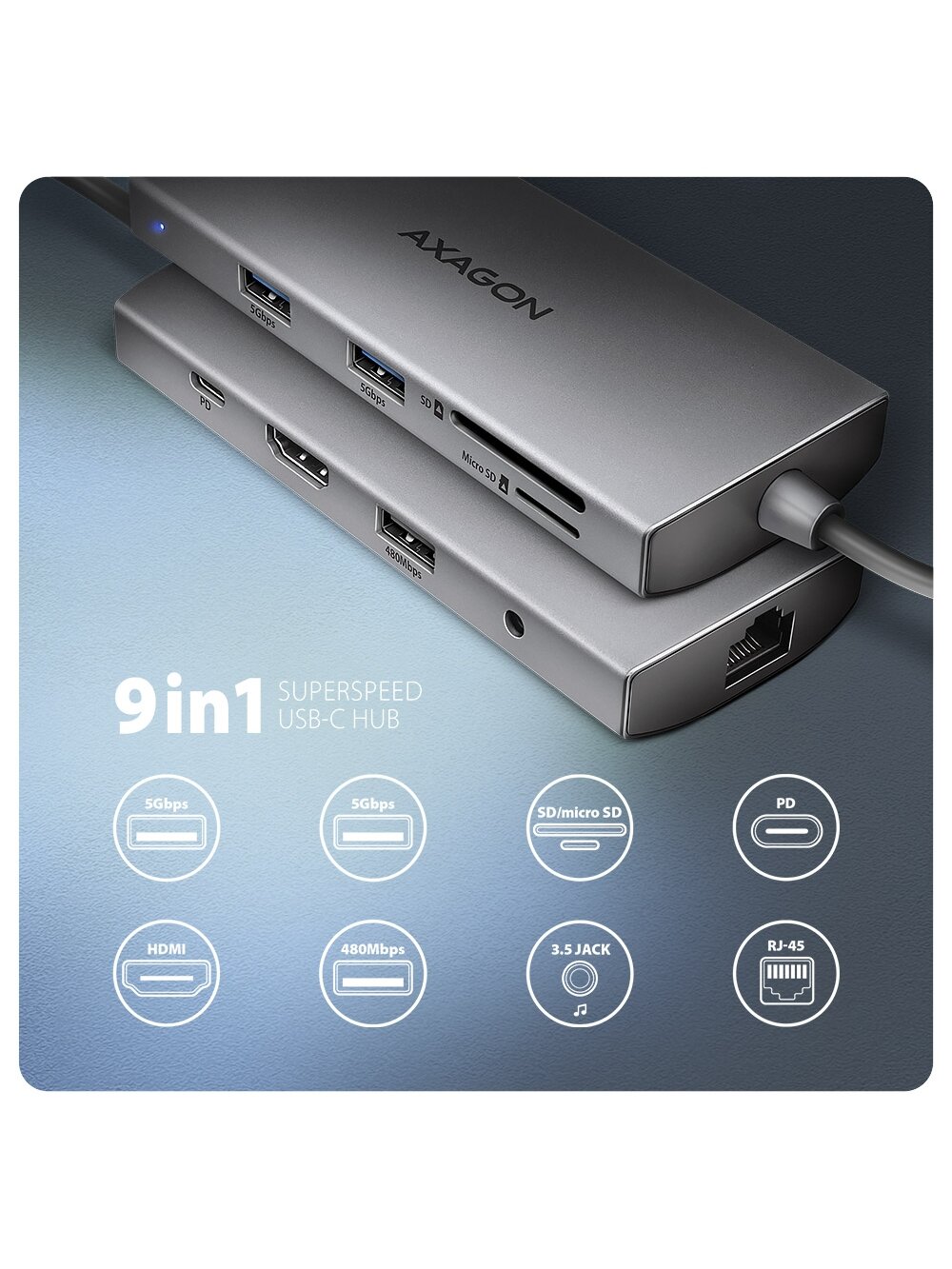 AXAGON Multi port USB-C 5Gbps hub | HMC-8HLSA 1