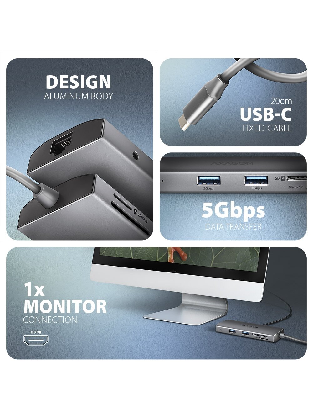 AXAGON Multi port USB-C 5Gbps hub | HMC-8HLSA 3