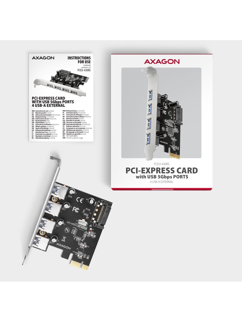 AXAGON PCI-Express card with four external USB-A 5Gbps ports | PCEU-430RS 4