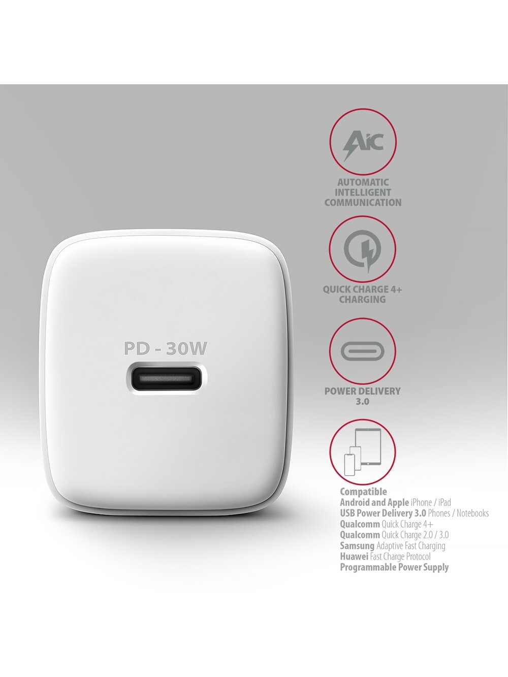 AXAGON Sil wallcharger 1x port USB-C, PD3.0 /PPS/QC4+/SFC/AFC/Apple, 30w | ACU-PD30W 3