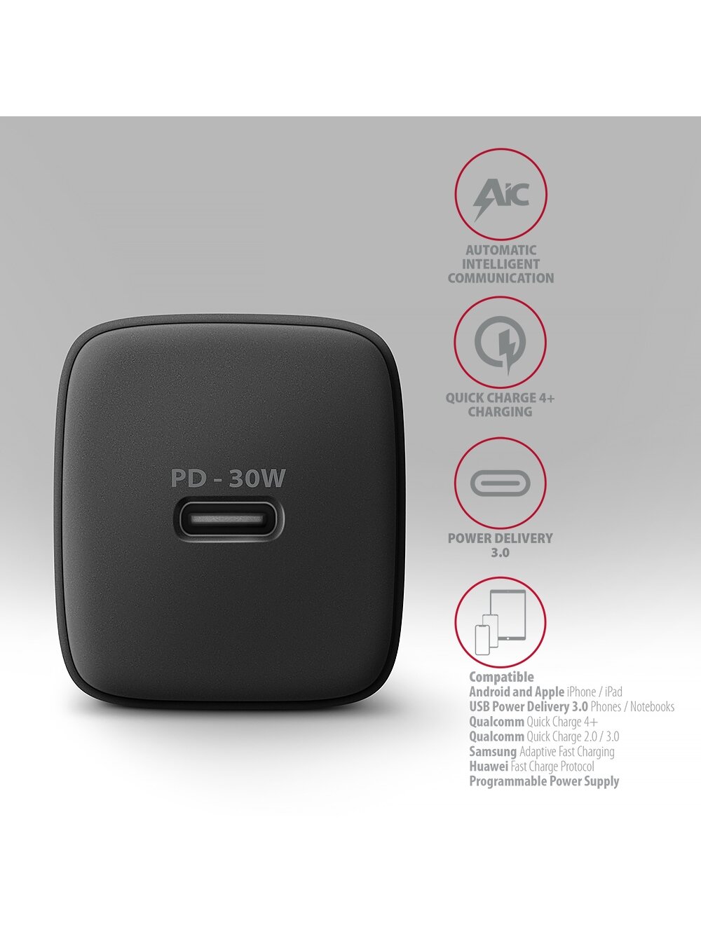 AXAGON Sil wallcharger 1x port USB-C, PD3.0/PPS/QC4+/SFC/AFC/Apple, 30W | ACU-PD30 2