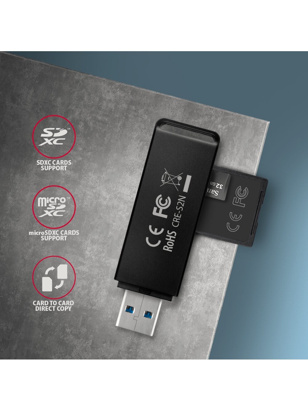 AXAGON Slim super-speed USB 3.2 Gen 1 card reader with a direct USB-A connector | CRE-S2N 2