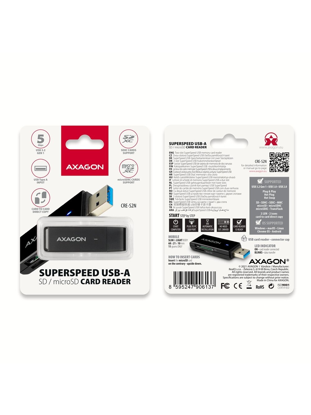 AXAGON Slim super-speed USB 3.2 Gen 1 card reader with a direct USB-A connector | CRE-S2N 6