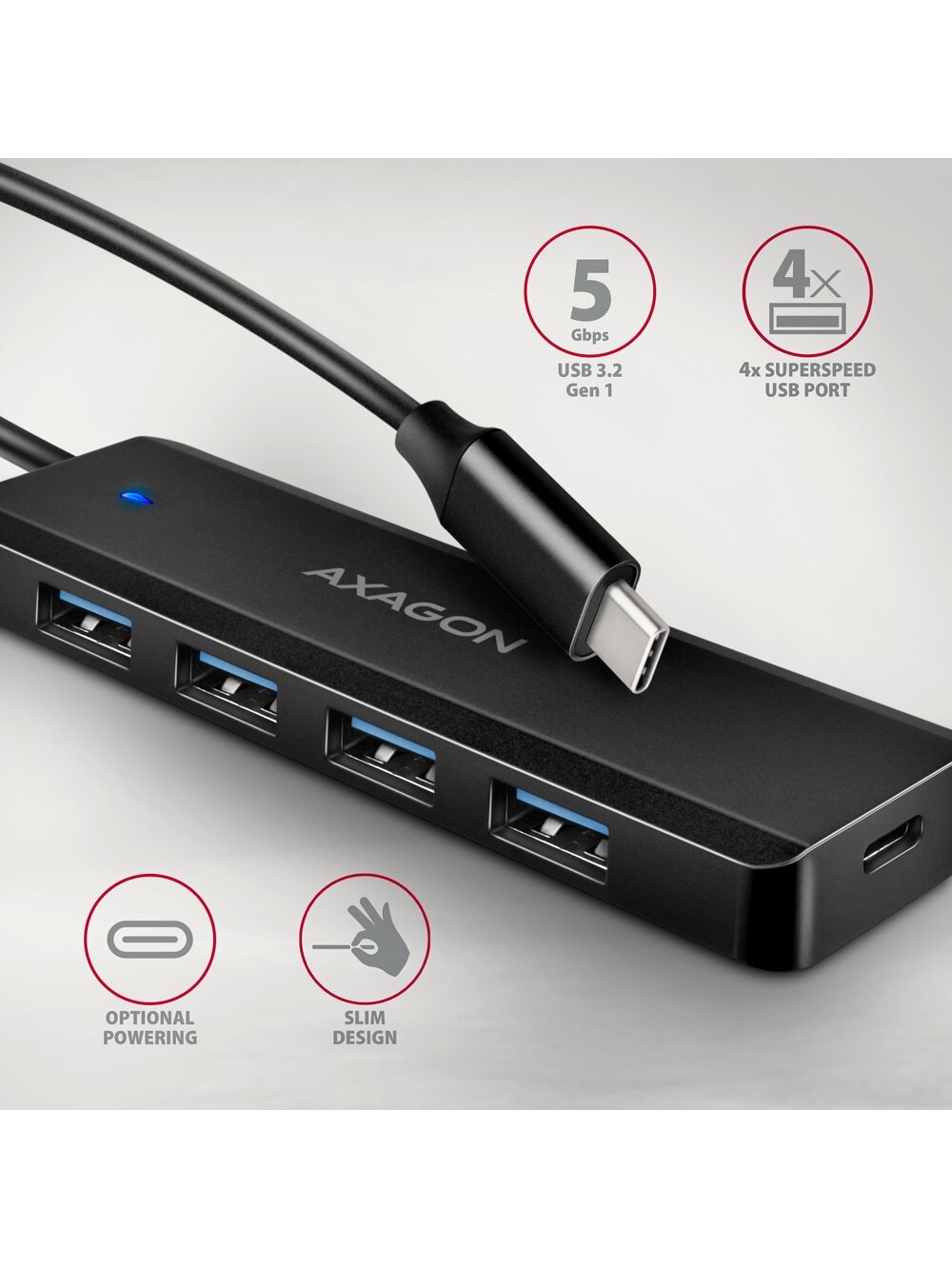 AXAGON Travel four-port USB-C 5Gbps hub | HUE-C1C 1 AXAGON Travel four-port USB-C 5Gbps hub | HUE-C1C 1