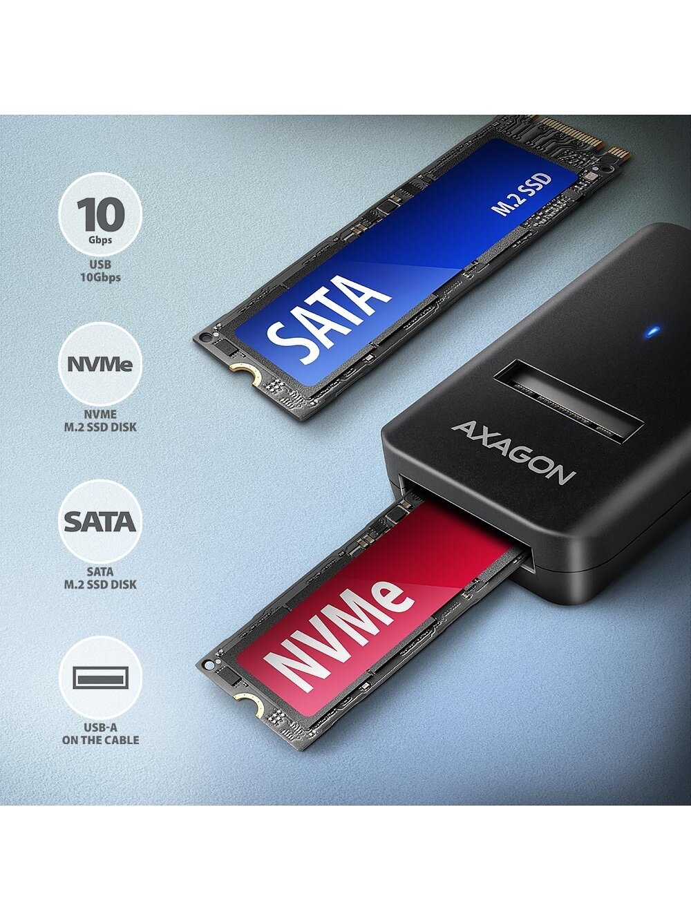 AXAGON USB-A 10Gbps - M.2 NVMe and SATA SSD Adapter | ADM2-AM 1