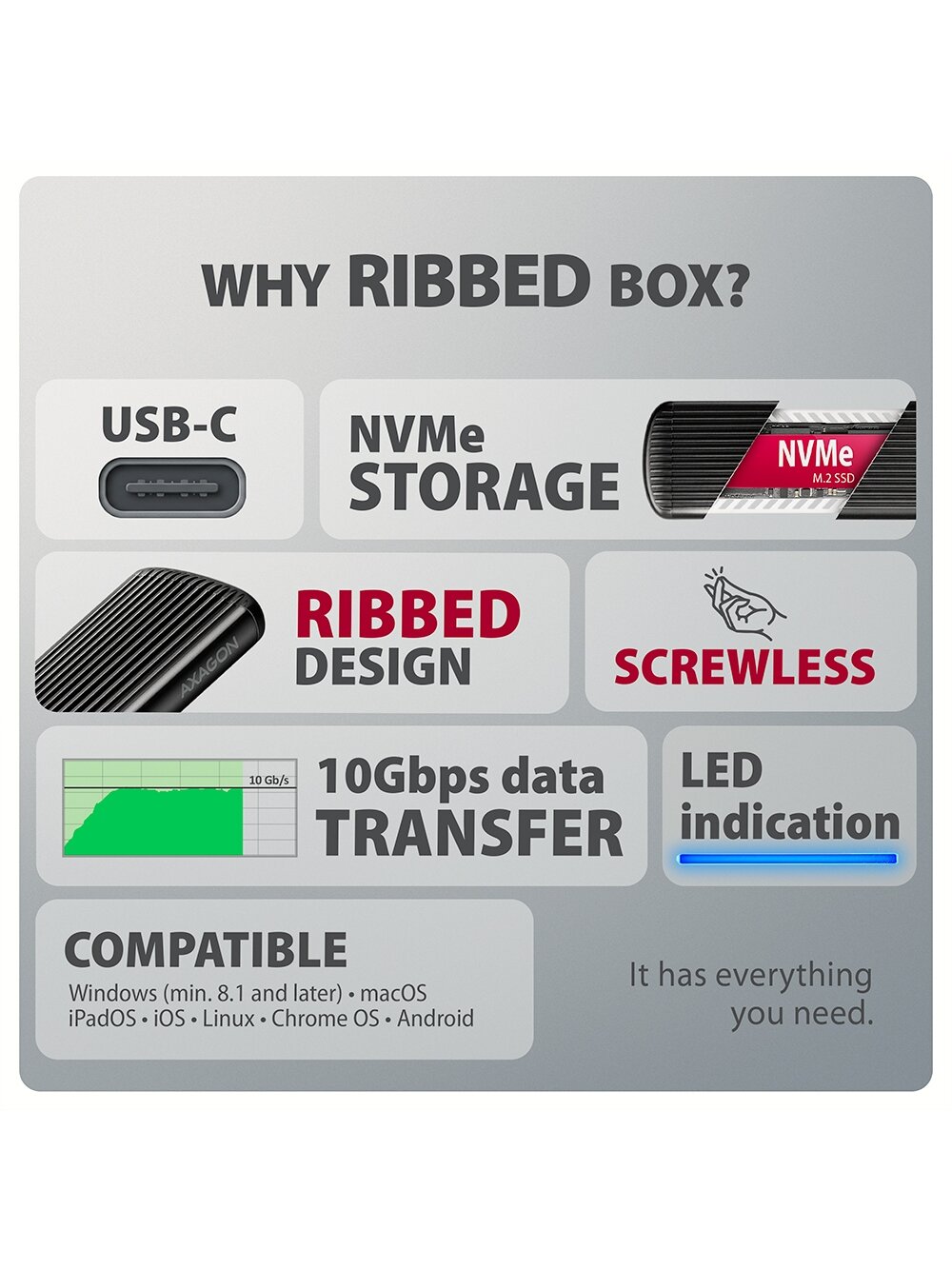 AXAGON USB-C 10Gbps M.2 NVMe SSD Enclosure, Screwless, RIBBED Aluminum | EEM2-SC 4 AXAGON USB-C 10Gbps M.2 NVMe SSD Enclosure, Screwless, RIBBED Aluminum | EEM2-SC 4