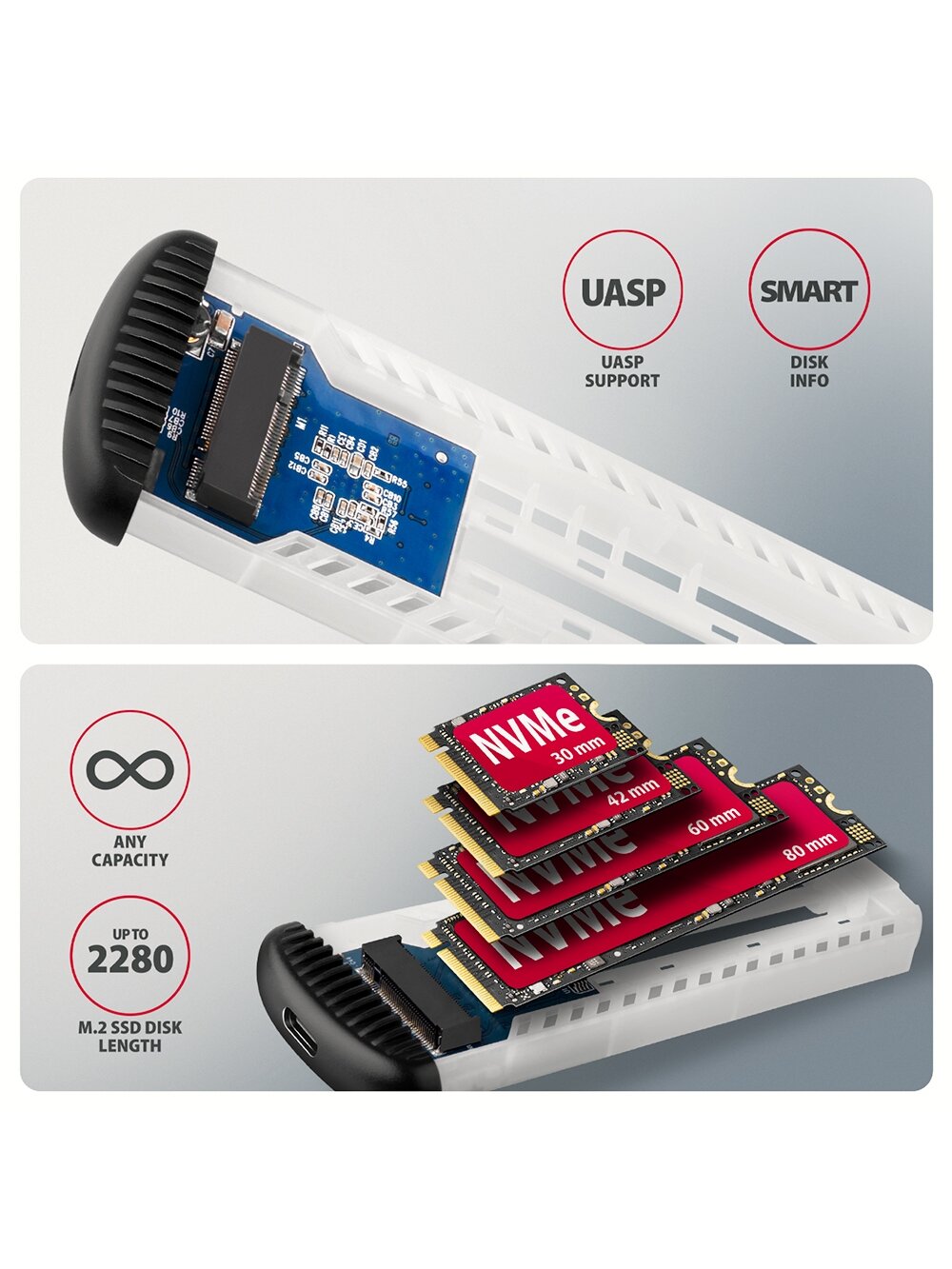AXAGON USB-C 10Gbps M.2 NVMe SSD Enclosure, Screwless, RIBBED Aluminum | EEM2-SC 7 AXAGON USB-C 10Gbps M.2 NVMe SSD Enclosure, Screwless, RIBBED Aluminum | EEM2-SC 7