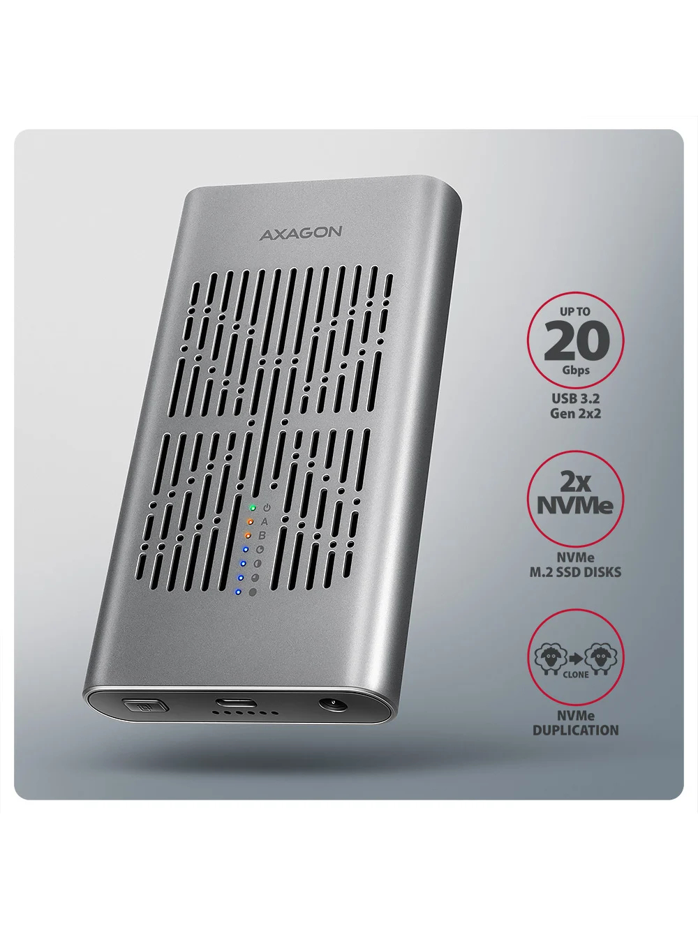 AXAGON USB-C 20Gbps Dual M.2 NVMe SSD CLONE MASTER Enclosure | EEM2-20GD 1 AXAGON USB-C 20Gbps Dual M.2 NVMe SSD CLONE MASTER Enclosure | EEM2-20GD 1