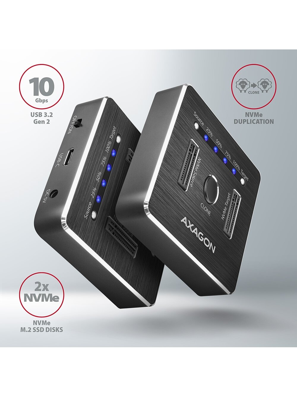 AXAGON | USB-C 3.2 Gen2 - 2x NVMe CLONE DUAL SDD Dock Station | ADSA-M2C 1