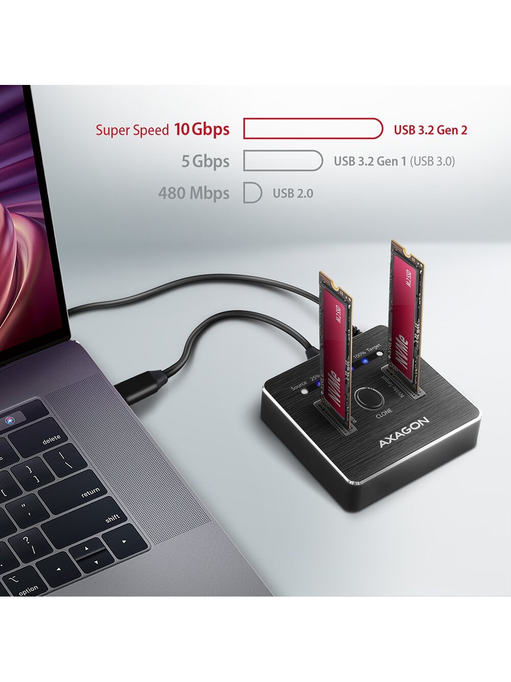 AXAGON | USB-C 3.2 Gen2 - 2x NVMe CLONE DUAL SDD Dock Station | ADSA-M2C 3