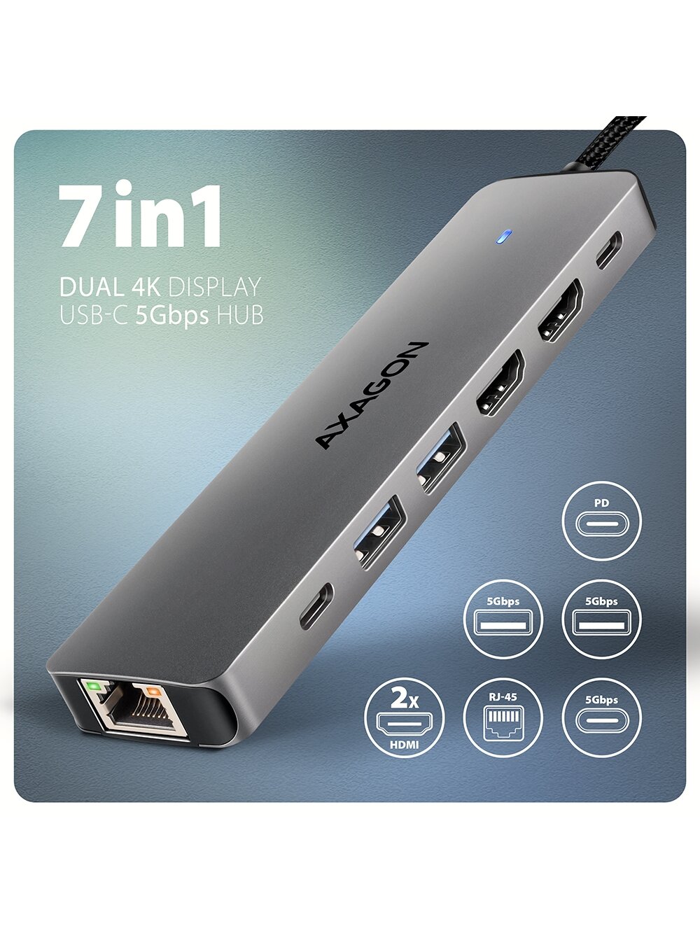 AXAGON USB-C 5Gbps DUAL 4K DISPLAY 7in1 Hub | HMC-7HX2 3