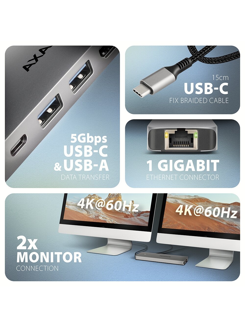AXAGON USB-C 5Gbps DUAL 4K DISPLAY 7in1 Hub | HMC-7HX2 6 AXAGON USB-C 5Gbps DUAL 4K DISPLAY 7in1 Hub | HMC-7HX2 6