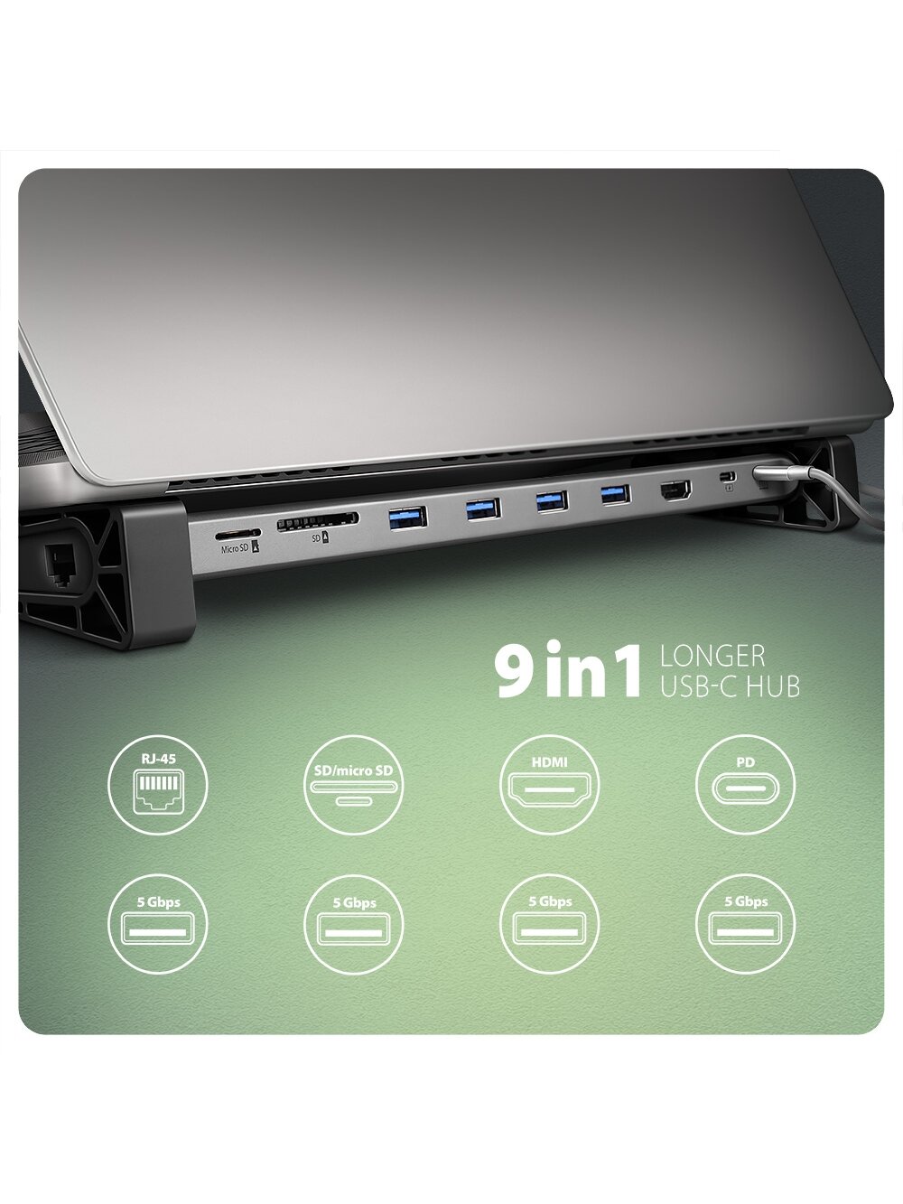 AXAGON USB-C 5Gbps LONGER 9in1 hub | HMC-10HLS 1