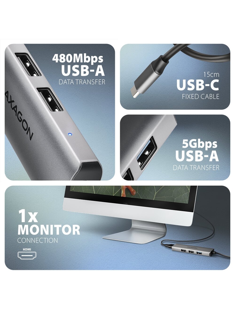 AXAGON USB-C 5Gbps STARTER 4in1 Hub | HMC-H3A 3 AXAGON USB-C 5Gbps STARTER 4in1 Hub | HMC-H3A 3