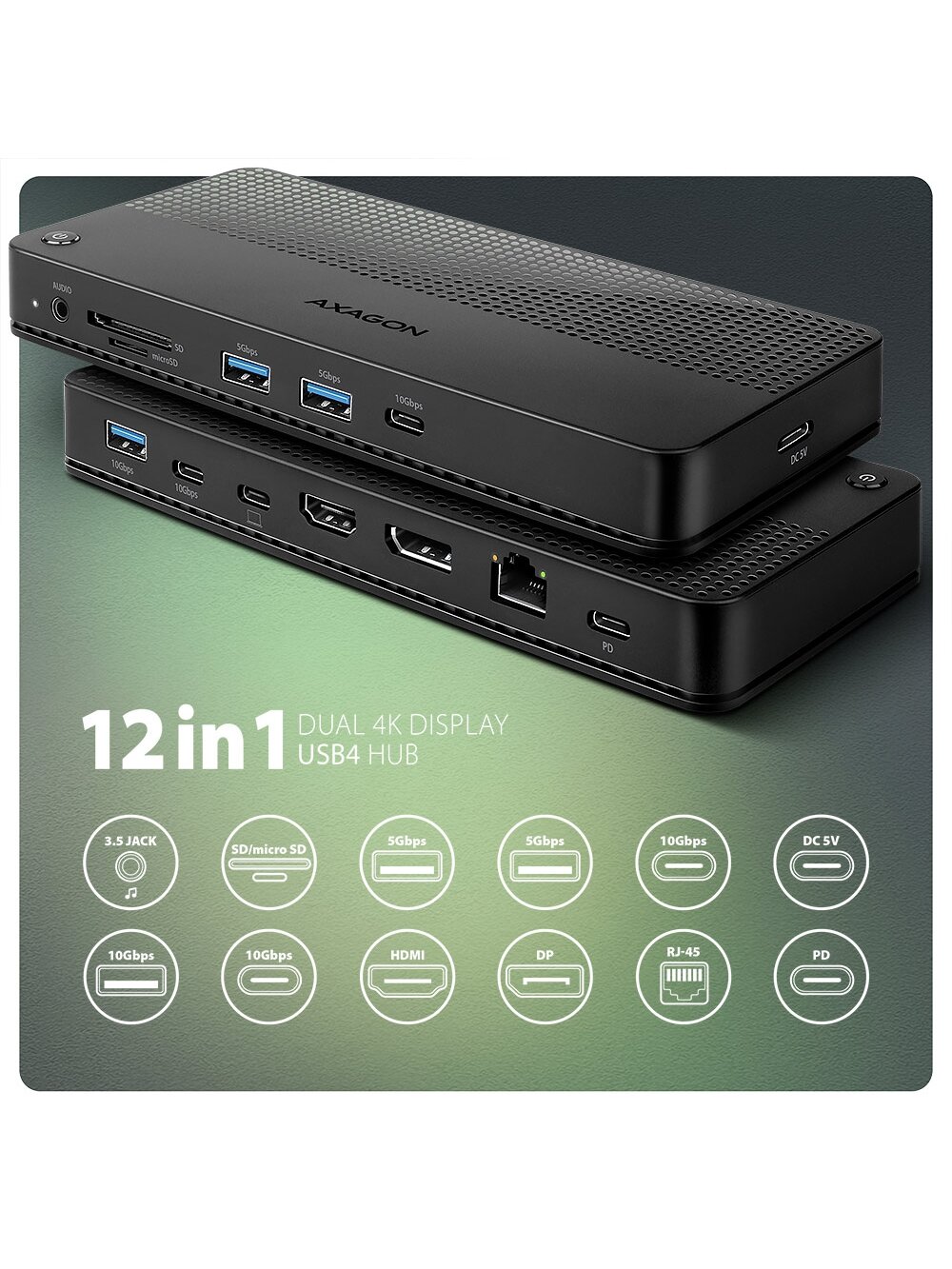 AXAGON USB4 40Gbps DUAL 4K DISPLAY 12in1 Dock | HMC-U4 1 AXAGON USB4 40Gbps DUAL 4K DISPLAY 12in1 Dock | HMC-U4 1