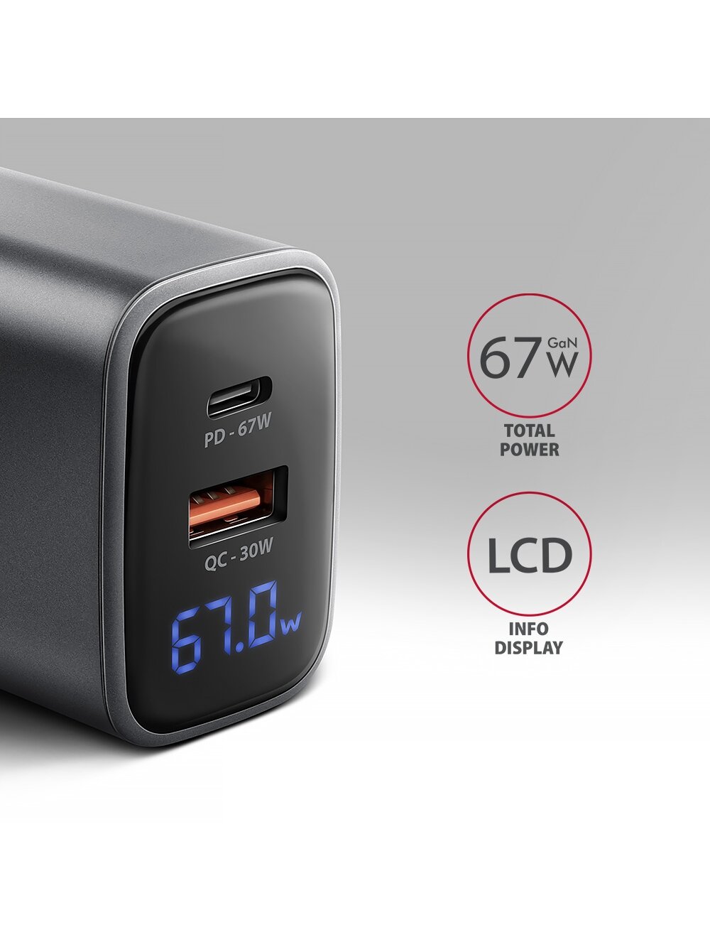 AXAGON Wall charger 67W, USB-A + USB-C, PD3.0/PPS/QC4+/SF | ACU-PQ67D 1