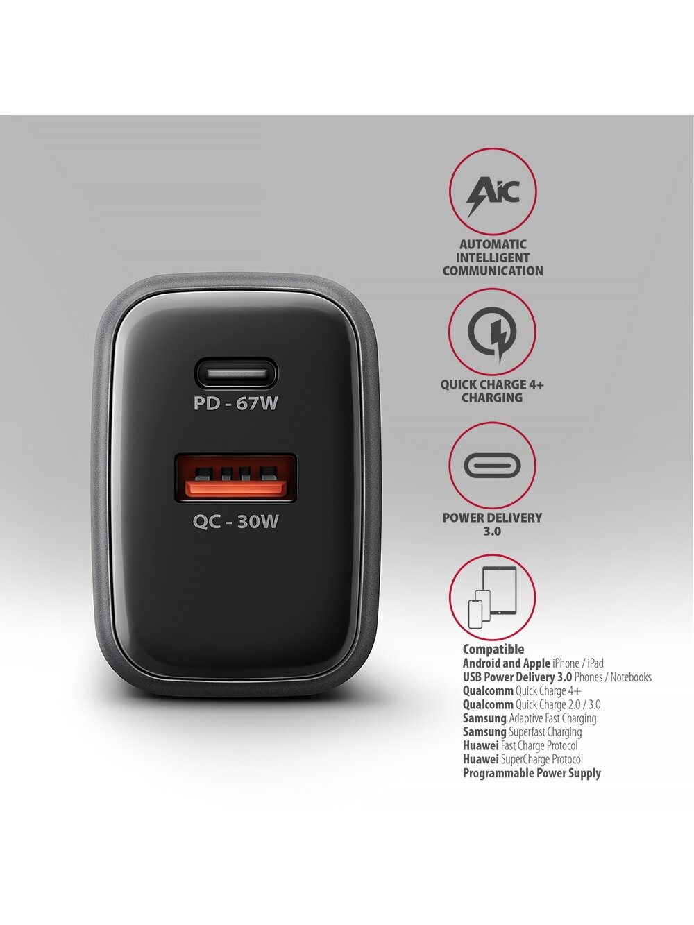 AXAGON Wall charger 67W, USB-A + USB-C, PD3.0/PPS/QC4+/SF | ACU-PQ67D 2 AXAGON Wall charger 67W, USB-A + USB-C, PD3.0/PPS/QC4+/SF | ACU-PQ67D 2