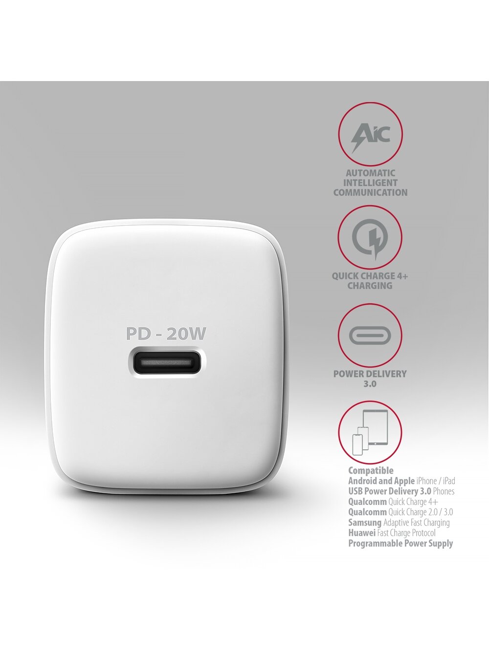 AXAGON Wallcharger 1x port USB-C, PD3.0 / PPS /QC4+/AFC/FCP/Apple, 20W | ACU-PD20W 3