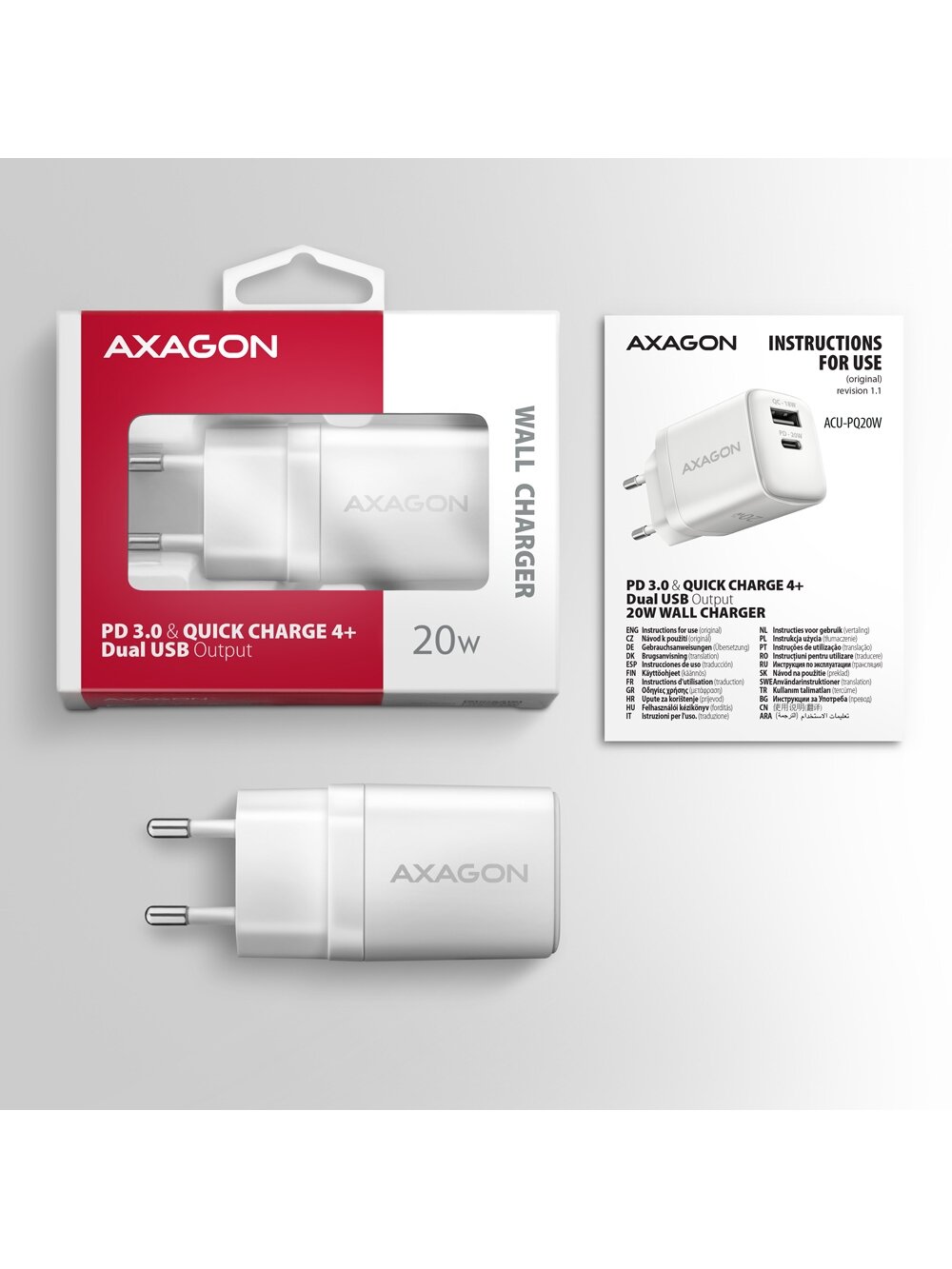 AXAGON Wallcharger 2x port (USB-A + USB-C), 20W | ACU-PQ20W 8 AXAGON Wallcharger 2x port (USB-A + USB-C), 20W | ACU-PQ20W 8