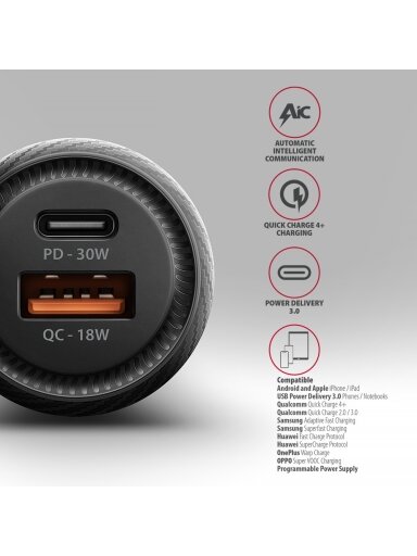 AXAGON Car charger 48W, USB-A + USB-C, PD3.0/PPS/QC4+/SFC | PWC-PQ48