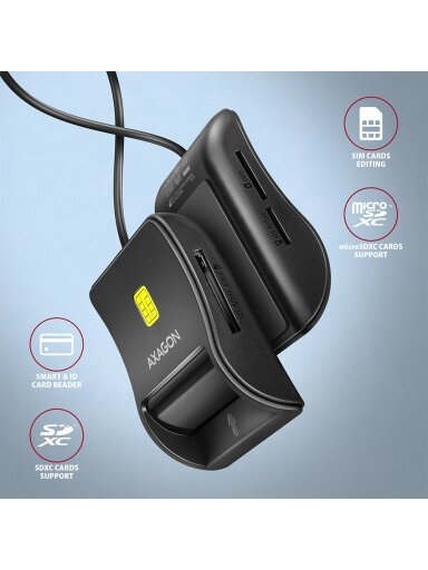 AXAGON Compact desktop USB contact Smart/ID & SD/microSD/SIM card reader with long, USB-A cable | CRE-SM3SD