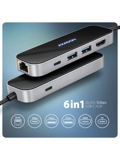 AXAGON USB-C 5Gbps GLASS 6in1 Hub | HMC-6GLN