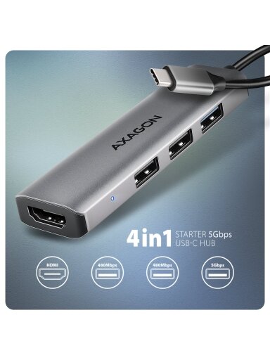 AXAGON USB-C 5Gbps STARTER 4in1 Hub | HMC-H3A