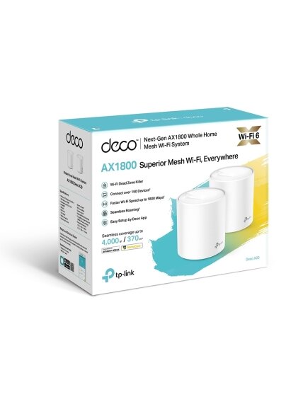 AX1800 Whole Home Mesh Wi-Fi 6 System | Deco X20 (2-pack) | 802.11ax | 1201+574 Mbit/s | 10/100/1000 Mbit/s | Ethernet LAN (RJ-45) ports 2 | Mesh Support Yes | MU-MiMO Yes | No mobile broadband | Antenna type 4xInternal per Deco uni 3 AX1800 Whole Home Mesh Wi-Fi 6 System | Deco X20 (2-pack) | 802.11ax | 1201+574 Mbit/s | 10/100/1000 Mbit/s | Ethernet LAN (RJ-45) ports 2 | Mesh Support Yes | MU-MiMO Yes | No mobile broadband | Antenna type 4xInternal per Deco uni 3
