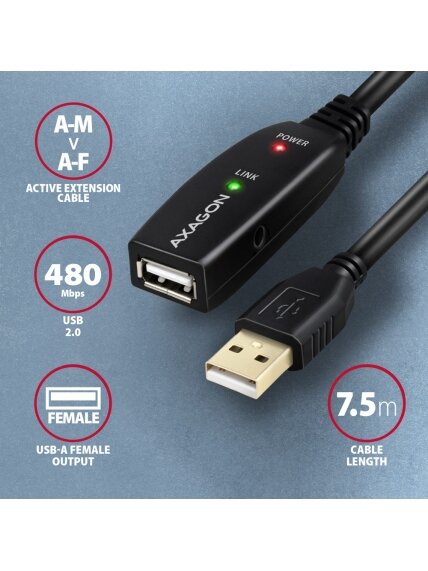 AXAGON | Active extension cable, 7.5 m | ADR-207 | USB Type-A to USB Type-A 2