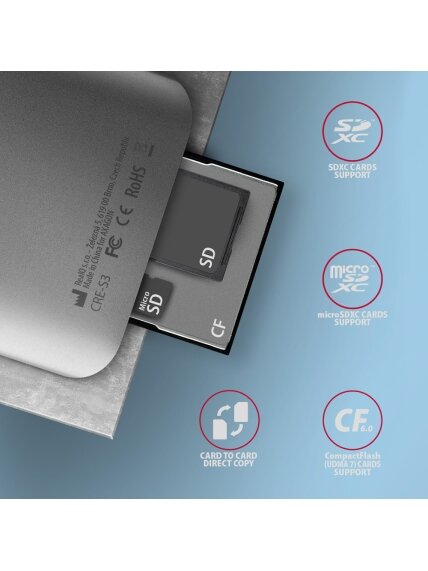 AXAGON Aluminum high-speed USB-A 3.2 Gen 1 memory card reader, 3 slots | CRE-S3 3