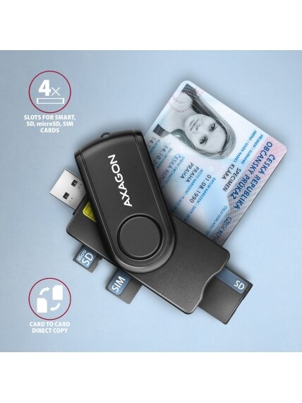 AXAGON Compact travel USB-A + USB-C contact Smart/ID card and SD/microSD/SIM card reader | CRE-SMP2A 2