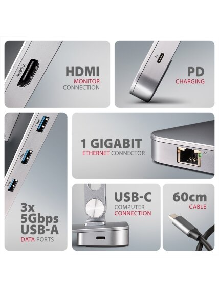 AXAGON Desk Mount | HMC-STND USB-C 5Gbps Stand and Hub 7in1 | Adjustable Height, Tilt | 10-16 " | Aluminum 2