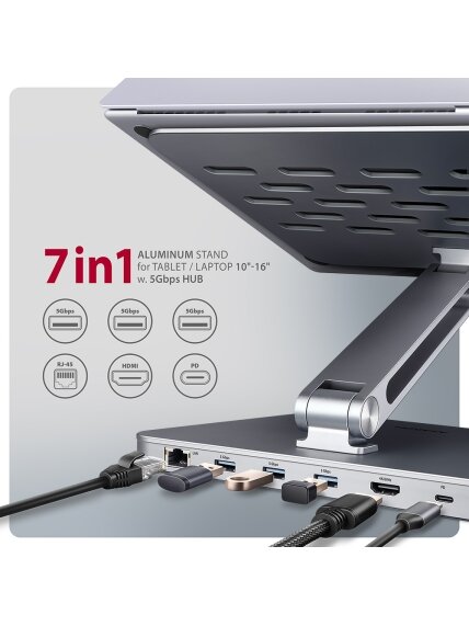 AXAGON Desk Mount | HMC-STND USB-C 5Gbps Stand and Hub 7in1 | Adjustable Height, Tilt | 10-16 " | Aluminum 5