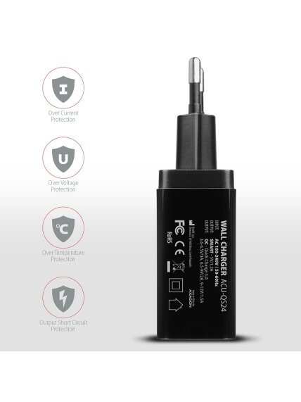 AXAGON Dual wallcharger 240V/2x USB port QC3.0/AFC/FCP and 5V-1.2A, 24W | ACU-QS24 4 AXAGON Dual wallcharger 240V/2x USB port QC3.0/AFC/FCP and 5V-1.2A, 24W | ACU-QS24 4