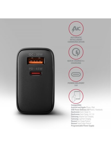 AXAGON GaN wallcharger 2x port (USB-A + USB-C), PD3.0/PPS/QC4+/SFC2.0/AFC/SCP/FCP/Apple, 45W | ACU-PQ45 3 AXAGON GaN wallcharger 2x port (USB-A + USB-C), PD3.0/PPS/QC4+/SFC2.0/AFC/SCP/FCP/Apple, 45W | ACU-PQ45 3