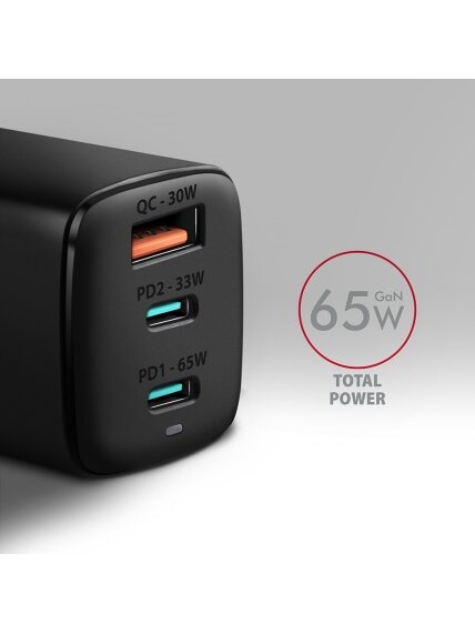 AXAGON GaN wallcharger 3x port (USB-A + 2x USB-C), 65W | ACU-DPQ65 1 AXAGON GaN wallcharger 3x port (USB-A + 2x USB-C), 65W | ACU-DPQ65 1