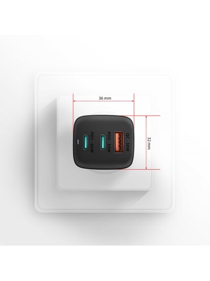 AXAGON GaN wallcharger 3x port (USB-A + 2x USB-C), 65W | ACU-DPQ65 6 AXAGON GaN wallcharger 3x port (USB-A + 2x USB-C), 65W | ACU-DPQ65 6
