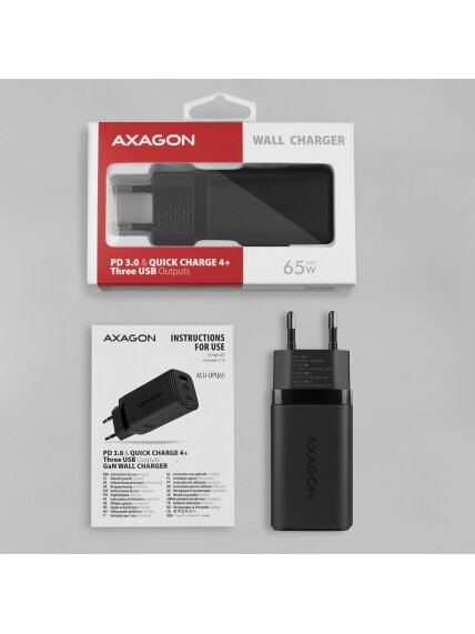 AXAGON GaN wallcharger 3x port (USB-A + 2x USB-C), 65W | ACU-DPQ65 7 AXAGON GaN wallcharger 3x port (USB-A + 2x USB-C), 65W | ACU-DPQ65 7