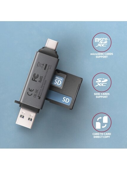 AXAGON Mobile USB 3.2 Gen 1 MINI card reader with USB-C and USB-A connectors | CRE-DAC 2 AXAGON Mobile USB 3.2 Gen 1 MINI card reader with USB-C and USB-A connectors | CRE-DAC 2