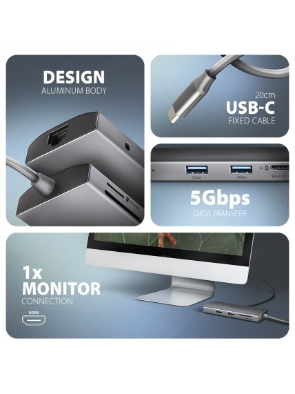 AXAGON Multi port USB-C 5Gbps hub | HMC-8HLSA 3