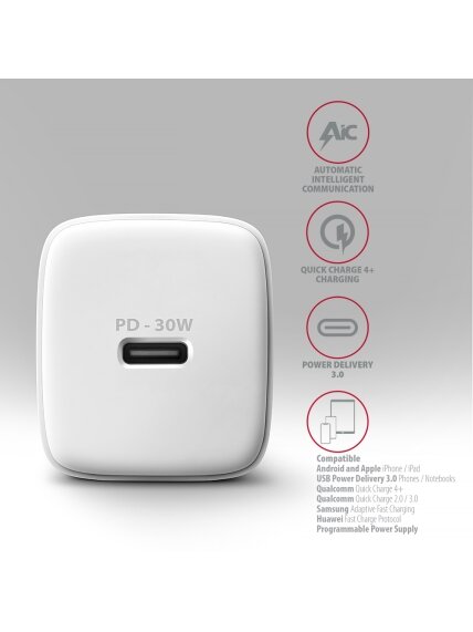 AXAGON Sil wallcharger 1x port USB-C, PD3.0 /PPS/QC4+/SFC/AFC/Apple, 30w | ACU-PD30W 3