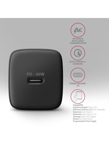 AXAGON Sil wallcharger 1x port USB-C, PD3.0/PPS/QC4+/SFC/AFC/Apple, 30W | ACU-PD30 2